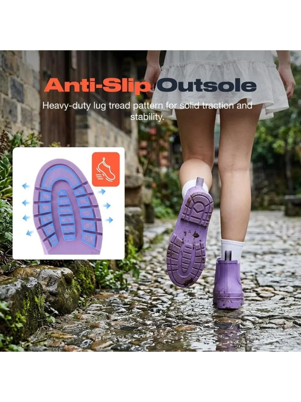 Women's Lavender Short Rain Boots Waterproof Ankle Chelsea Boots Non-Slip Matte